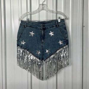 Sequin Star Fringe Denim Shorts Western Glam Disco Cowgirl Festival Women XL NWT
